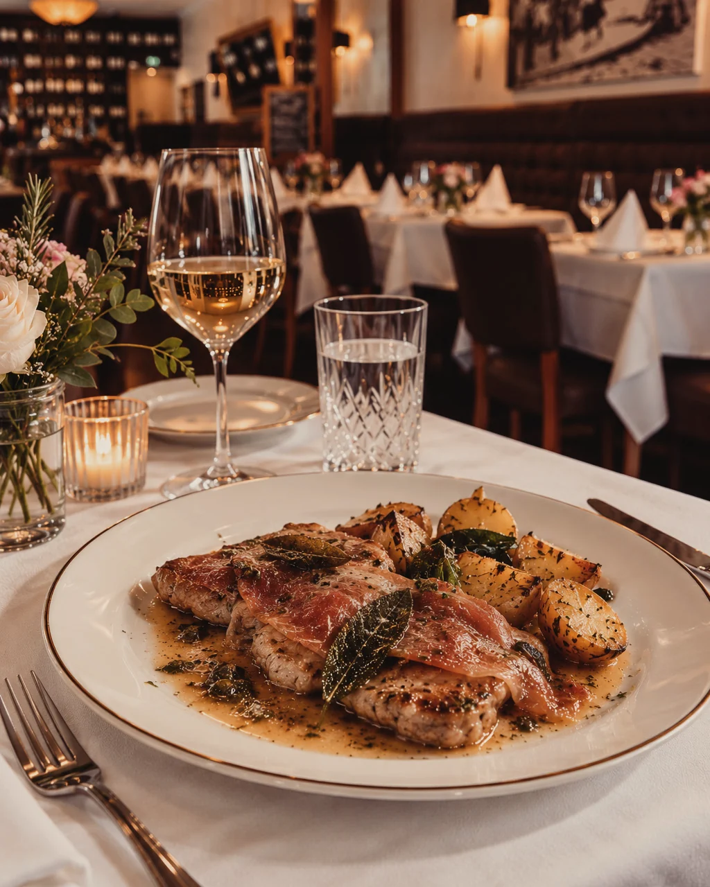 Saltimbocca alla Romana mit Salbei und Rosmarinkartoffeln, dahinter Weisswein und der Gastraum im Kerzenlicht