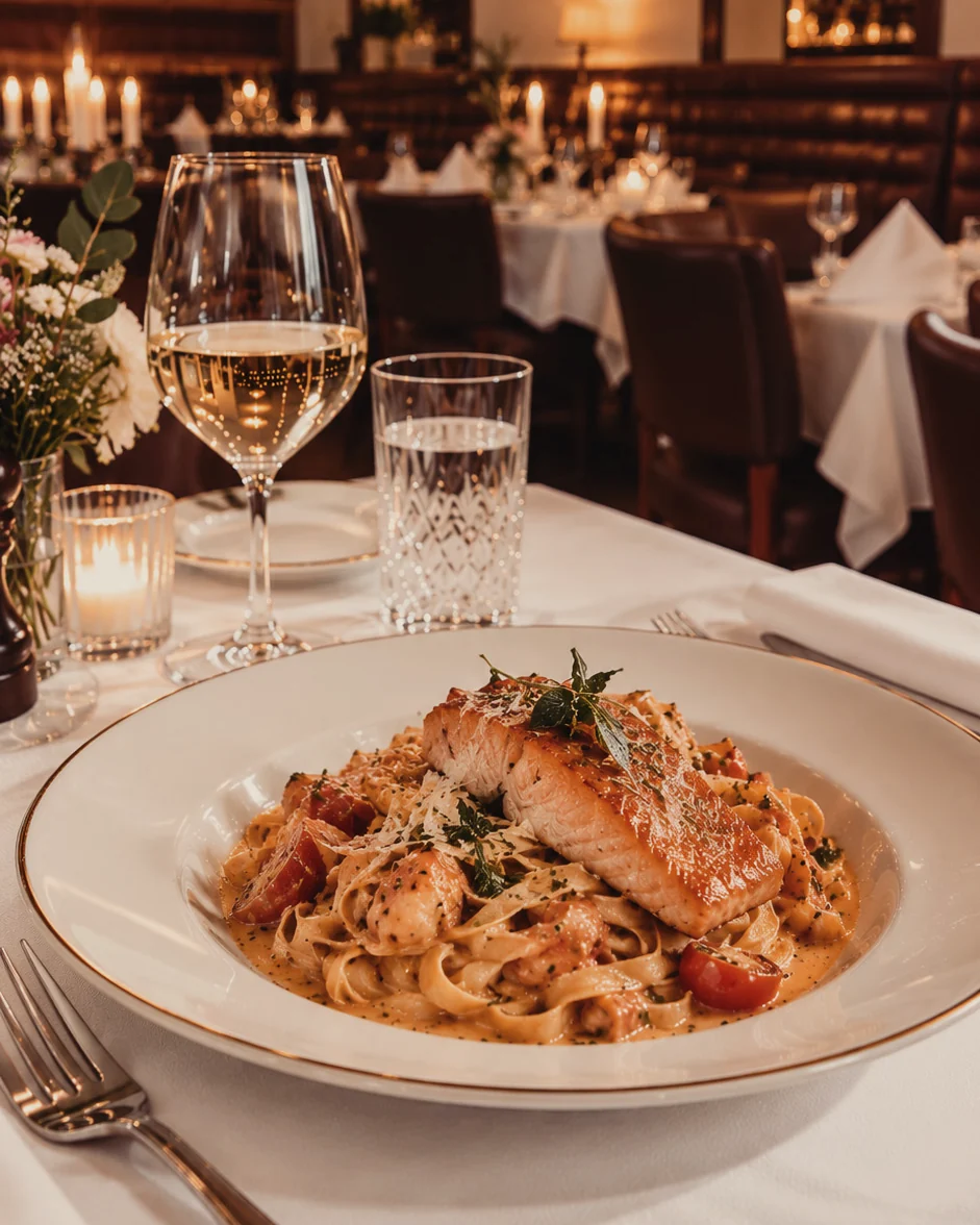 Tagliatelle mit gebratenem Lachsfilet in Tomaten-Sahnesauce, dahinter Weisswein und der Gastraum im Kerzenlicht